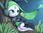  2017 blue_eyes bottomless clothed clothing english_text female flower grass green_hair hair humanoid legendary_pok&eacute;mon masterploxy meloetta nintendo not_furry open_mouth petals plant pok&eacute;mon solo text tongue tree video_games watermark white_skin wide_hips 