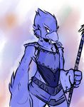  2017 anthro armpits avian beak bird breath_of_the_wild clothed clothing crackers feathers front_view looking_at_viewer male melee_weapon nintendo pants polearm portrait purple_eyes restricted_palette rito smile solo spear standing the_legend_of_zelda three-quarter_portrait vest video_games warrior weapon winged_arms wings 