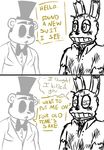  2016 animatronic anthro bear bow_tie comic dialogue duo english_text five_nights_at_freddy&#039;s golden_freddy_(fnaf) hat inkyfrog lagomorph machine male mammal rabbit restricted_palette robot simple_background springtrap_(fnaf) text top_hat video_games white_background 