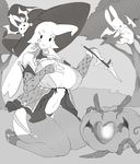  anthro big_breasts breasts clothed clothing female feral group hat kneeling lagomorph looking_at_viewer magic mammal monochrome nite rabbit smile witch_hat 