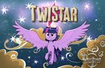  2017 cloud english_text equine feathered_wings feathers female feral flying friendship_is_magic hair horn looking_at_viewer mammal midnightpremiere multicolored_hair my_little_pony purple_feathers sky smile solo spread_wings star text twilight_sparkle_(mlp) unicorn_horn winged_unicorn wings 