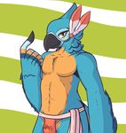  2017 abs anthro avian beak beckoning bird blue_feathers breath_of_the_wild bulge clothed clothing crackers eyelashes feathers front_view kass_(zelda) looking_at_viewer male nintendo portrait rito seductive simple_background smile solo standing the_legend_of_zelda thong three-quarter_portrait topless two_tone_feathers video_games winged_arms wings yellow_eyes yellow_feathers 