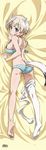  animal_ears artist_request ass ass_visible_through_thighs back bed_sheet blonde_hair blue_bra blue_eyes blue_panties blush bra brave_witches breasts butt_crack dakimakura highres large_breasts nikka_edvardine_katajainen official_art panties pantyhose pantyhose_around_one_leg pantyhose_pull short_hair sideboob sweater tail underwear unfastened world_witches_series 