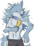  brush canine clothed clothing fluffy hair long_hair male mammal managarmr simple_background skinny star_prn tokyo_afterschool_summoners topless white_background wolf 