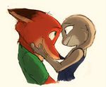  2017 anthro bracelet canine clothed clothing disney duo expression_meme eye_contact female fox green_eyes hug jewelry judy_hopps lagomorph male male/female mammal nick_wilde purple_eyes rabbit romantic_couple side_view simple_background sprinkah white_background zootopia 