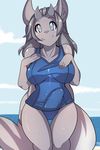  anthro bulge canine clothing dickgirl erection horn intersex kami-chan looking_at_viewer mammal outside smile solo standing swimsuit 