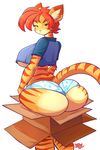  2017 anthro big_butt box breasts butt cardboard_box cat clothed clothing feline female green_eyes hair hi_res huge_butt jaeh looking_at_viewer looking_back loree mammal pink_nose red_hair short_hair simple_background solo stripes under_boob white_background 