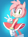  2017 absurd_res amy_rose anthro argento clothing dress eyelashes female gloves green_eyes hair hedgehog hi_res looking_at_viewer mammal pink_hair simple_background smile solo sonic_(series) v_sign 