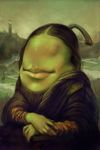  absurd_res big_lips biting_pear_of_salamanca black_hair clothing duo eyeless female feral food fruit giraffe hair hi_res humanoid inspired_by_proper_art leonardo_da_vinci_(artist) lighthouse lips mammal mona_lisa not_furry parody pear smile solo_focus turnipberry water 