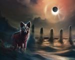  ambiguous_gender black_nose blue_eyes canine detailed_background eclipse feral fur mammal mask paws red_fur safiru solo standing 