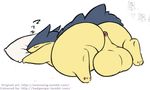  2017 anus backsack badgengar balls big_balls big_butt butt eyes_closed feral huge_balls male monochrome nintendo pillow pok&eacute;mon rear_view simple_background sleeping slightly_chubby snoring solo somnamg text thick_thighs typhlosion video_games white_background 