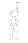  2017 akiric anthro black_and_white butt clothed clothing disney female hands_on_hips judy_hopps lagomorph looking_at_viewer looking_back mammal monochrome panties rabbit rear_view simple_background smile solo standing underwear white_background zootopia 