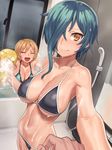  ageha_(sengoku_collection) bangs bare_shoulders bath bathing bathroom bathtub bikini black_bikini blonde_hair breasts brown_hair cleavage closed_mouth collarbone commentary_request cowboy_shot embarrassed green_hair groin hair_between_eyes hair_over_one_eye indoors large_breasts legs_together midriff multiple_girls navel open_mouth pov sengoku_collection short_hair smile sponge string_bikini sugitani_zenjubou_(sengoku_collection) swimsuit tenchisouha water wet yellow_eyes 