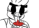  2016 animatronic anthro avian bib bird chica_(fnaf) chicken eating female five_nights_at_freddy&#039;s half-closed_eyes inkyfrog licking machine restricted_palette robot sauce simple_background solo tongue tongue_out video_games white_background 