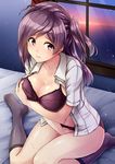  bangs bed bed_sheet bedroom bra breast_hold breasts full_body hagikaze_(kantai_collection) hand_in_panties highres indoors kamelie kantai_collection kneehighs large_breasts looking_at_viewer navel night no_shoes on_bed one_side_up panties purple_bra purple_eyes purple_hair sitting sitting_on_bed solo stomach swept_bangs underwear window 