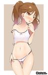  alternate_costume ass_visible_through_thighs bare_shoulders blush breasts brown_eyes brown_hair camisole collarbone cowboy_shot hand_on_hip kantai_collection kurogoma_(haruhi3) long_hair looking_to_the_side navel panties panty_pull ryuujou_(kantai_collection) small_breasts solo stomach strap_slip twintails underwear underwear_only 