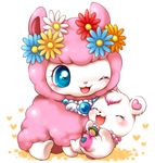  &lt;3 alpaca angela_(jewelpet) bear blue_eyes blush camelid cub duo eyes_closed female feral flower fur hair jewelpet jewelry labra_(jewelpet) mammal necklace one_eye_closed pink_fur plant polar_bear sanrio simple_background tuft white_fur wings wink wool young アイミ 