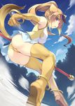  animal_ears ass blue_sky bracelet breasts circlet cloud cloudy_sky day dust elbow_gloves gloves golden_snub-nosed_monkey_(kemono_friends) high_ponytail highres holding holding_staff hoop itoichi. jewelry kemono_friends leotard long_hair medium_breasts monkey_ears monkey_tail multicolored_hair open_mouth orange_hair outdoors ponytail sky solo staff streaked_hair tail thighhighs yellow_eyes yellow_gloves yellow_legwear yellow_leotard 