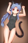  animal_ears ass_visible_through_thighs black_swimsuit blue_hair braid cat_ears cat_tail closed_mouth collarbone covered_navel cowfee expressionless eyebrows_visible_through_hair flat_chest hair_intakes highres kagetsu_tooya len long_hair looking_at_viewer one-piece_swimsuit paw_pose petite pointy_ears red_eyes single_braid solo swimsuit tail thigh_gap thighs tsukihime 