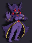  2017 anthro anthrofied areola barefoot big_breasts breasts clothed clothing ear_piercing fan_character fusion gem ghost grey_background hair huge_breasts hybrid latiar mega_banette mega_evolution mega_sableye navel nintendo nipple_piercing nipples partially_clothed piercing pok&eacute;mon pok&eacute;morph purple_hair purple_nipples purple_skin pussy red_eyes sharp_teeth simple_background spirit teeth video_games yellow_teeth 