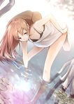  bare_arms barefoot bikini_top black_bikini_top blurry brown_eyes brown_hair collarbone dress dutch_angle expressionless long_hair looking_at_viewer looking_up noraico original skirt_hold sleeveless sleeveless_dress water white_dress 