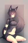  animal_ear_fluff animal_ears belt bike_shorts black_gloves black_hair black_legwear breasts fox_ears fox_tail frown gloves groin hair_between_eyes hair_ornament hairclip highres kneehighs looking_away medium_breasts navel original partially_unzipped red_eyes seiza short_hair sitting solo stomach sub-res tail thighs 