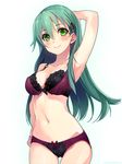  :&gt; aqua_hair arm_at_side arm_up armpits ass_visible_through_thighs blush bow bow_bra bow_panties bra breasts cleavage closed_mouth collarbone cowboy_shot fingers_together green_eyes hair_ornament hairclip hand_behind_head hand_on_hip kantai_collection lace lace-trimmed_bra lips long_hair looking_at_viewer multicolored multicolored_bra multicolored_clothes multicolored_panties panties purple_bra purple_panties remodel_(kantai_collection) shirokitsune simple_background slender_waist smile solo standing suzuya_(kantai_collection) thigh_gap twitter_username underwear underwear_only white_background wide_hips 