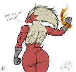  2017 ambiguous_gender anthro anthrofied beak big_butt blaziken blue_eyes butt claws dialogue duo english_text feathers female fire fist fullmetalmentalist hi_res looking_at_viewer looking_back muscular_back nintendo nude pok&eacute;mon pok&eacute;morph rear_view red_feathers signature simple_background solo_focus sweat text video_games white_background white_feathers yellow_sclera 