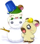  :3 armor blush boss_(hamtaro) breath brown_fur bucket cappy duo eyes_closed feral fur grey_eyes hamster hamtaro_(series) hard_hat hat helmet male mammal mittens open_mouth rodent simple_background snow snowman stick tongue whiskers white_background winter アイミ 