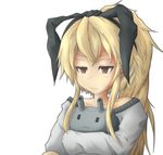  :3 alternate_hairstyle black_ribbon blonde_hair blush brown_eyes closed_mouth collarbone grey_sweater hair_ribbon kantai_collection long_hair messy_hair ponytail rensouhou-chan ribbon shimakaze_(kantai_collection) sidelocks simple_background sweater upper_body white_background yamamoto_rintaro ||_|| 