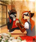  5_fingers anthro black_nose blue_eyes brown_hair canine clothed clothing day detailed_background duo female hair kyotokisha15 looking_at_viewer male mammal orange_hair outside pale_eyes wolf 