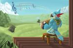  2017 accordion anthro avian back_muscles beak bench biceps bird blue_feathers breath_of_the_wild clothed clothing cloud feathers hamili kass_(zelda) male mountain muscular muscular_male music musical_instrument musical_note nintendo pants plant rito rock sitting sky smile solo the_legend_of_zelda topless tree video_games wood 