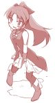  azukilib bangs bare_shoulders between_legs blush boots detached_sleeves embarrassed eyebrows_visible_through_hair female flat_chest full_body hair_ribbon hand_between_legs have_to_pee jpeg_artifacts leg_up long_hair looking_down magical_girl mahou_shoujo_madoka_magica monochrome open_mouth peeing peeing_self pigeon-toed ponytail puddle ribbon sakura_kyouko simple_background sketch sleeveless solo standing standing_on_one_leg sweat thighhighs tied_hair wet wet_clothes white_background 
