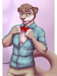  5_finger anthro bow_tie clothed clothing eyelashes green_eyes kyotokisha15 male mammal mustelid open_mouth otter simple_background solo teeth tongue 