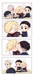  &gt;_&lt; 4koma absurdres anger_vein black_eyes black_hair blonde_hair blue-framed_eyewear blue_eyes blush cellphone cheek_kiss cherry_blossoms chibi closed_eyes comic covering_mouth flower food glasses green_eyes hair_flower hair_ornament hair_over_one_eye heart highres katsuki_yuuri kiss laughing male_focus multiple_boys obentou open_mouth otabek_altin petals phone pinkiepies2 silent_comic silver_hair smartphone smile spoken_anger_vein tempura viktor_nikiforov yaoi yuri!!!_on_ice yuri_plisetsky 