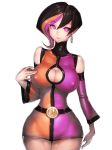  black_hair breasts cleavage commentary_request dc_comics duo_damsel erect_nipples fumio_(rsqkr) hips large_breasts looking_at_viewer multicolored_hair orange_hair purple_eyes purple_hair simple_background smile triplicate_girl white_background 
