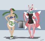  2017 absurd_res anthro anthrofied apron armpits arthropod big_breasts bikini black_eyes blush breasts claws clothed clothing duo english_text female flower footwear fullmetalmentalist green_claws green_hair hair hi_res human insect lurantis mallow_(pokemon) mammal nintendo one_eye_closed pink_body plant pok&eacute;mon pot_(disambiguation) red_sclera shoes signature skimpy smile swimsuit text underwear video_games white_body wink 