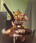  2017 alimika anthro areola armpits bandage big_breasts blonde_hair blue_claws blue_eyes breasts brown_fur bullet camel_toe camo canine claws clothing elnora english_text female fur gun hair huge_breasts long_hair mammal navel nipples pawpads pink_nipples pink_pawpads ranged_weapon shotgun sitting solo spread_legs spreading text toe_claws torn_clothing underwear weapon 