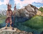  anthro bare_back brown_fur day fur holding_object holding_weapon hooves horn hybrid male melee_weapon outside polearm ruaidri sky solo spear standing traditional_media_(artwork) watercolor_(artwork) weapon 