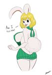  2017 absurd_res anthro big_breasts blonde_hair breasts butt carrot_(one_piece) clothed clothing dialogue english_text female fullmetalmentalist fur hair hi_res huge_breasts lagomorph looking_at_viewer looking_back mammal nipple_bulge one_piece partially_clothed rabbit side_boob signature simple_background smile solo teeth text tongue virgin_killer_sweater white_background white_fur 