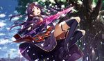  ahoge bangs cloud day gabiran gloves holding holding_sword holding_weapon long_hair long_sleeves looking_at_viewer open_mouth petals pointy_ears purple_hair red_eyes sky solo sword sword_art_online teeth thighhighs tree weapon wind yuuki_(sao) 