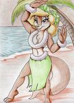  amy_squirrel anthro armpits beach breasts chest_tuft clothed clothing convenient_censorship female fureverick grass_skirt hula_dancer lei mammal navel palm_tree raised_arm rodent sabrina_online sea seaside solo squirrel topless tree tropical tuft water waving webcomic 