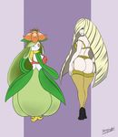  2017 alternate_species big_breasts big_butt blonde_hair bra breasts butt clothed clothing duo english_text female flora_fauna footwear fullmetalmentalist garter_straps green_hair hair hi_res high_heels human humanoid humanoidized legwear lilligant long_hair looking_back lusamine_(pokemon) mammal nintendo one_eye_closed plant pok&eacute;mon purple_background rear_view shoes side_boob signature simple_background text underwear video_games white_skin wink 