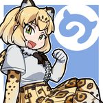  :d animal_ears blonde_hair blush bow cat_ears elbow_gloves fur_collar gloves jaguar_(kemono_friends) jaguar_ears japari_symbol kemono_friends looking_at_viewer multicolored_hair open_mouth roah short_hair simple_background skirt smile solo 