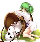  :q bare_legs barefoot bone bucket chikuwa_savi full_body green_eyes green_hair hair_between_eyes hair_bobbles hair_ornament highres japanese_clothes kimono kisume kneeling licking_lips long_sleeves looking_at_viewer looking_back on_ground short_kimono skull smile solo tongue tongue_out touhou two_side_up wide_sleeves wooden_bucket 