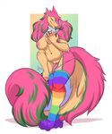  2017 anthro areola big_breasts breasts brown_fur claws clitoral_hood clothing english_text female fluffy fur green_fur green_hair hair hand_on_breast lavenderpandy legwear licking licking_lips long_hair looking_at_viewer navel nipples pink_fur pink_hair pink_nipples prehensile_clitoral_hood pussy rainbow_stockings red_eyes sergal shirt_up signature slightly_chubby solo text tongue tongue_out turkinwif_(female) undressing 