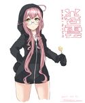  2017 absurdres ahoge alternate_costume blush candy chupa_chups commentary_request cowboy_shot dated food glasses hand_on_hip highres hood hooded_jacket jacket kantai_collection kirishina_(raindrop-050928) lollipop long_hair long_sleeves looking_up makigumo_(kantai_collection) pink_hair simple_background sleeves_past_fingers sleeves_past_wrists snack solo twintails twitter_username white_background yellow_eyes zipper 