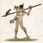  anthro areola armpits breasts cat feline female lynx mammal melee_weapon nicnak044 nicole nicole_(nicnak044) nude pinup polearm pose pussy solo spear warrior weapon 