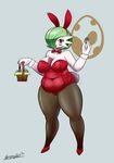  2017 alternate_species animal_humanoid basket belly big_breasts blush bow_tie breasts bunny_costume clothed clothing costume easter egg english_text female fishnet fullmetalmentalist gardevoir green_hair hair holidays huge_breasts humanoid humanoidized lagomorph legwear long_hair looking_at_viewer mammal navel nintendo pok&eacute;mon rabbit_humanoid red_eyes signature simple_background slightly_chubby smile solo text video_games white_skin 