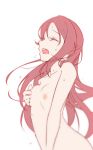  azukilib bangs breasts collarbone eyes_closed female hand_up highres long_hair love_live! love_live!_school_idol_project love_live!_sunshine!! masturbation nipple_tweak nipples nude open_mouth red_hair sakurauchi_riko self_fondle sideways_mouth simple_background small_breasts solo sweat upper_body white_background 